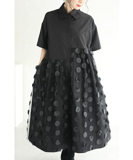 【セール商品返品交換不可】（S~3L対応）（黒）ドットが浮かぶシャツミディアムワンピース