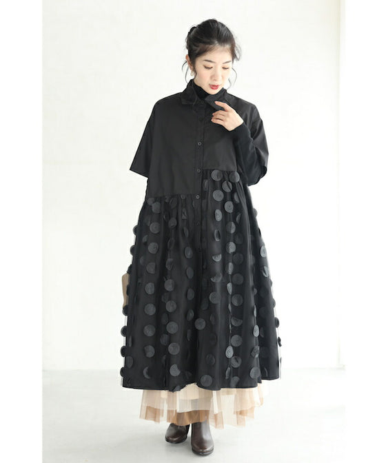 【セール商品返品交換不可】（S~3L対応）（黒）ドットが浮かぶシャツミディアムワンピース