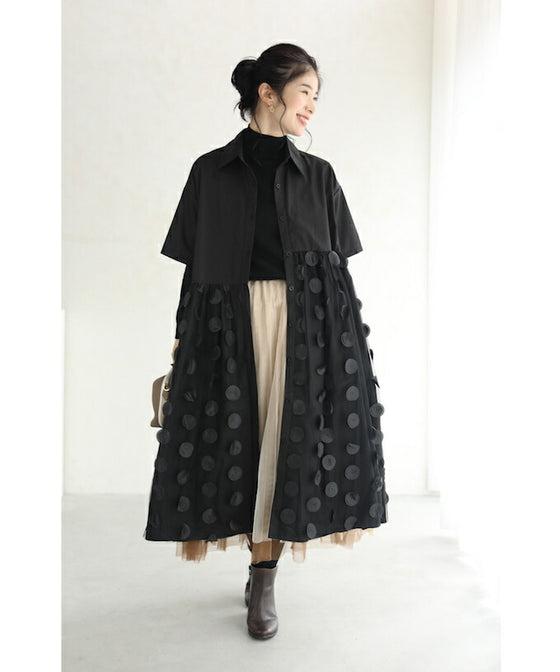 【セール商品返品交換不可】（S~3L対応）（黒）ドットが浮かぶシャツミディアムワンピース