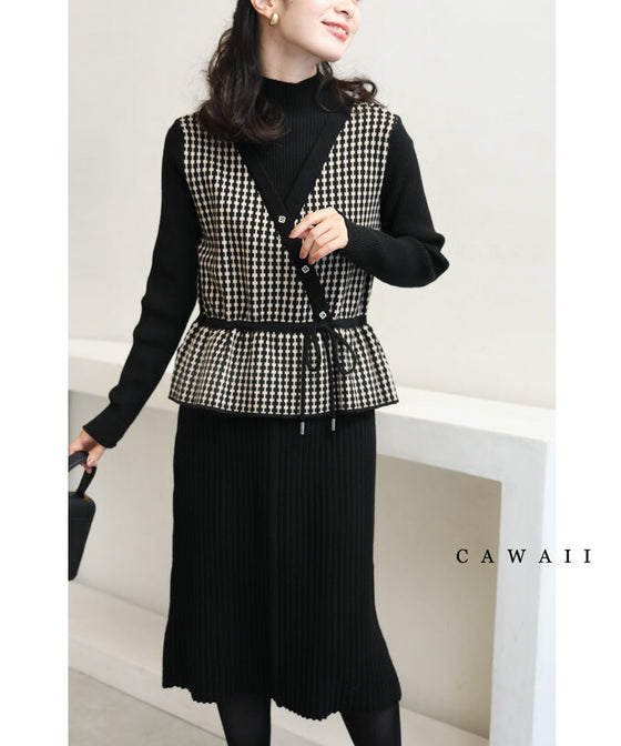 Peplum medium dress with a layered vest look