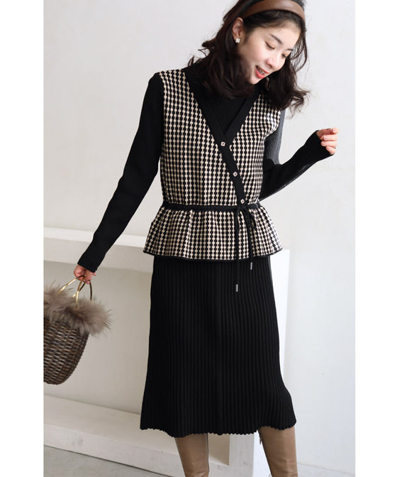 Peplum medium dress with a layered vest look