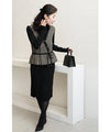 Peplum medium dress with a layered vest look