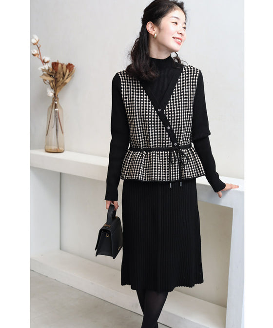 Peplum medium dress with a layered vest look