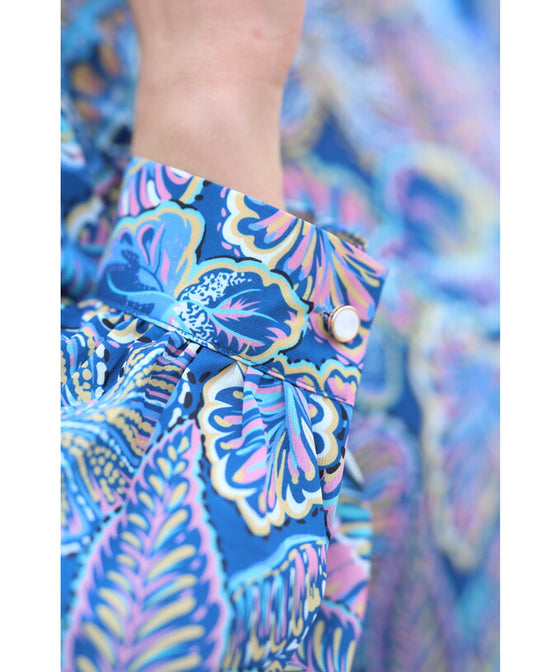 【セール商品返品交換不可】目を惹く鮮やかなブルーボタニカルロングワンピース