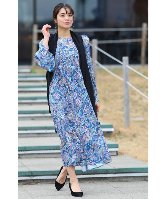 【セール商品返品交換不可】目を惹く鮮やかなブルーボタニカルロングワンピース