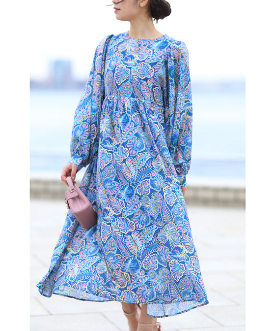 【セール商品返品交換不可】目を惹く鮮やかなブルーボタニカルロングワンピース