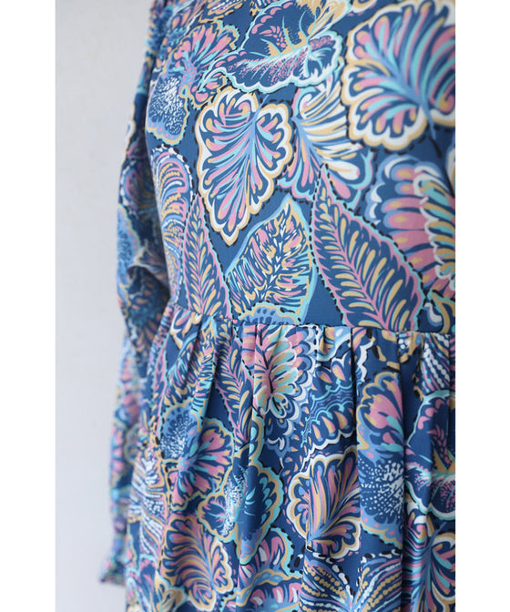 【セール商品返品交換不可】目を惹く鮮やかなブルーボタニカルロングワンピース