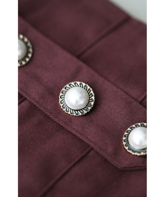 パールボタン連なるアシンメトリープリーツミディアムスカート