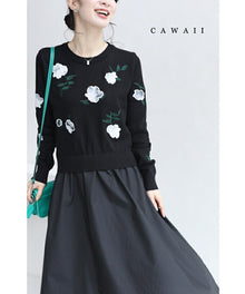  White flower patch waist-switched long dress