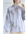 Weeping flower ribbon neck blouse top