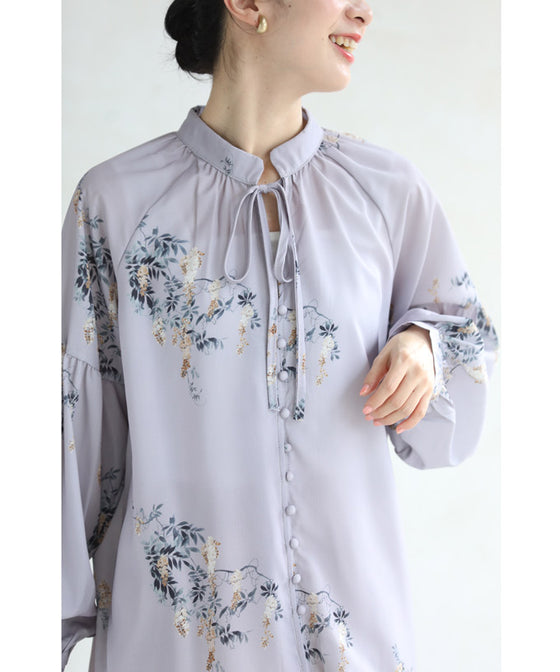 Weeping flower ribbon neck blouse top