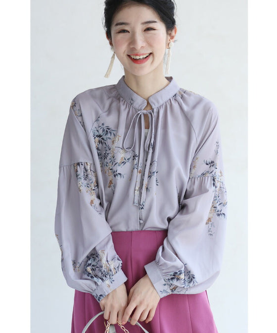 Weeping flower ribbon neck blouse top