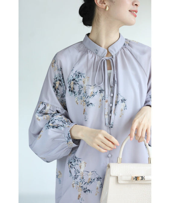 Weeping flower ribbon neck blouse top