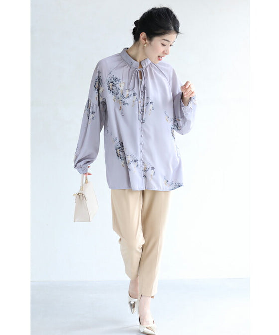 Weeping flower ribbon neck blouse top