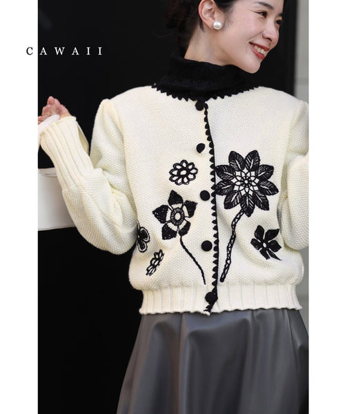 目を惹く黒花刺繍の厚手ニットカーディガン – ONE PEACE ONLINE