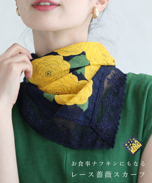 m.m.n　ニルヴァーナ黒L スカーフェイス②L 2点まとめ ナフキンにもなる紐付き縁取りレースのバラ画スカーフ – ONE